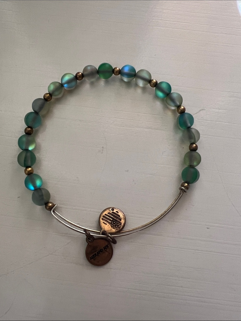 Alex and Ani Green Frosted Bead and Brass Accent Expandable Bracelet